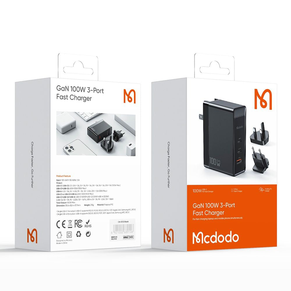 Chargeur Réseau McDodo CH-8101 Pro Nuc AR Power Travel, 100W, 5A, 1 x USB-A - 2 x USB-C, Noir