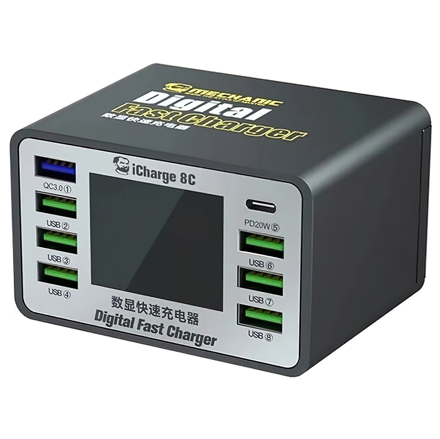 Chargeur Station Mechanic 8C avec écran, 50W, 3A, 7 x USB-A - 1 x USB-C, Noir
