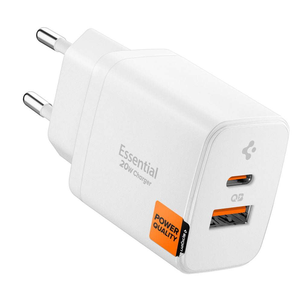 Chargeur Réseau Spigen Essential, 20W, 3A, 1 x USB-A - 1 x USB-C, Blanc