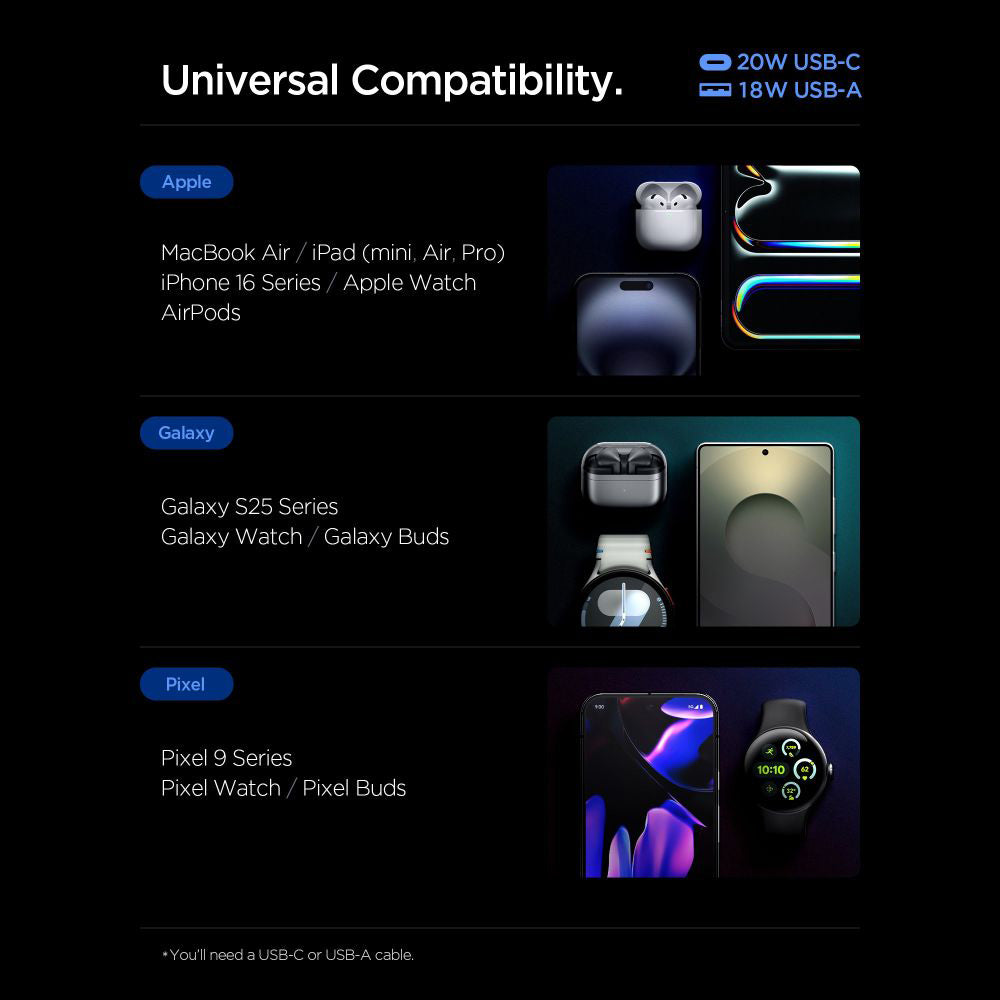 Chargeur Réseau Spigen Essential, 20W, 3A, 1 x USB-A - 1 x USB-C, Blanc