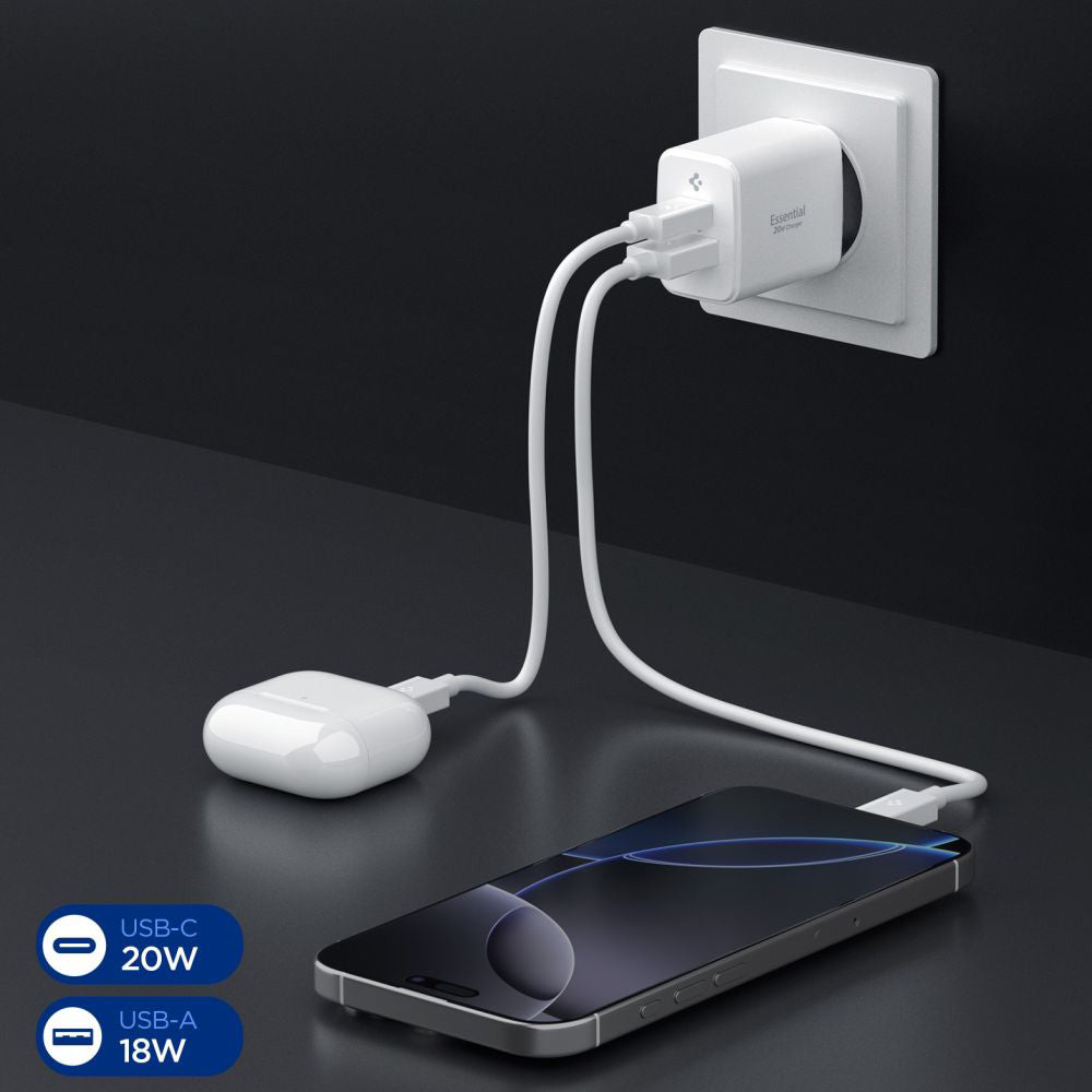 Chargeur Réseau Spigen Essential, 20W, 3A, 1 x USB-A - 1 x USB-C, Blanc