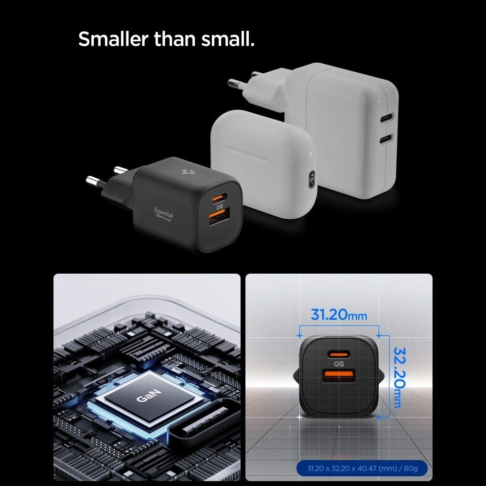 Chargeur Réseau Spigen Essential, 35W, 3A, 1 x USB-A - 1 x USB-C, Noir ACH09463