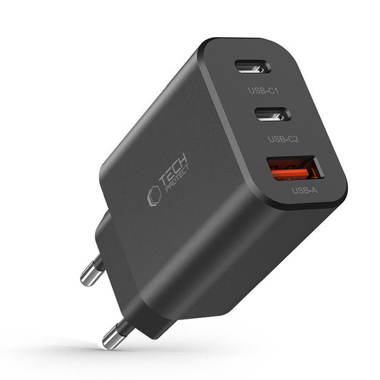 Chargeur réseau Tech-Protect NC30W, 30W, 3A, 1 x USB-A - 2 x USB-C, Noir
