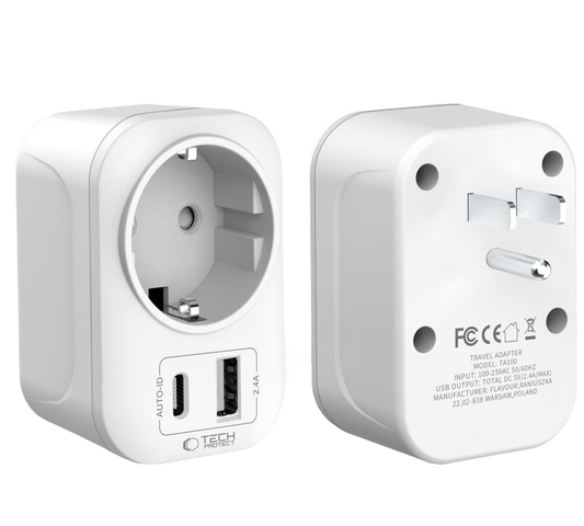 Chargeur Réseau Tech-Protect TA100 Travel US, 20W, 3A, 1 x Schuko - 1 x USB-A - 1 x USB-C, Blanc