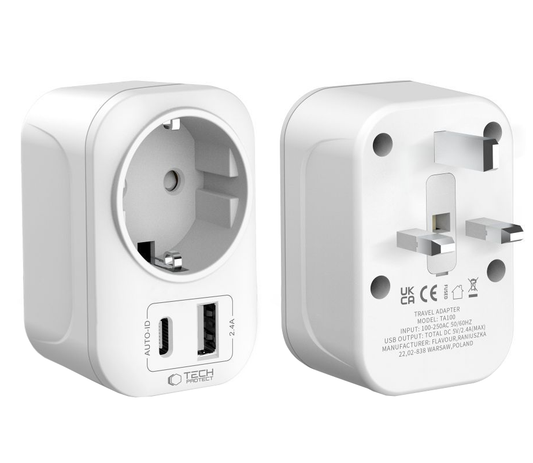 Chargeur Réseau Tech-Protect TA100 Travel UK, 20W, 3A, 1 x Schuko - 1 x USB-A - 1 x USB-C, Blanc