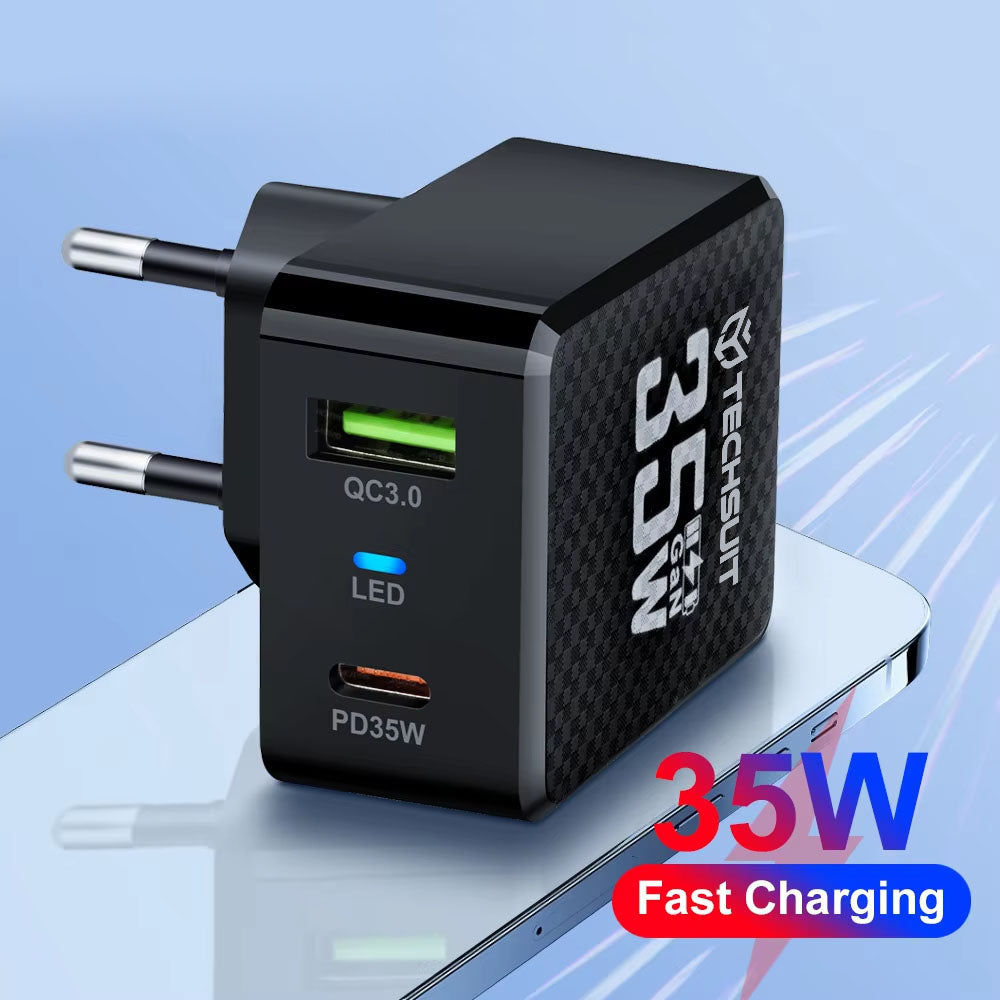 Chargeur Réseau Techsuit CHPD173 Tiny, 35W, 3A, 1 x USB-A - 1 x USB-C, Noir