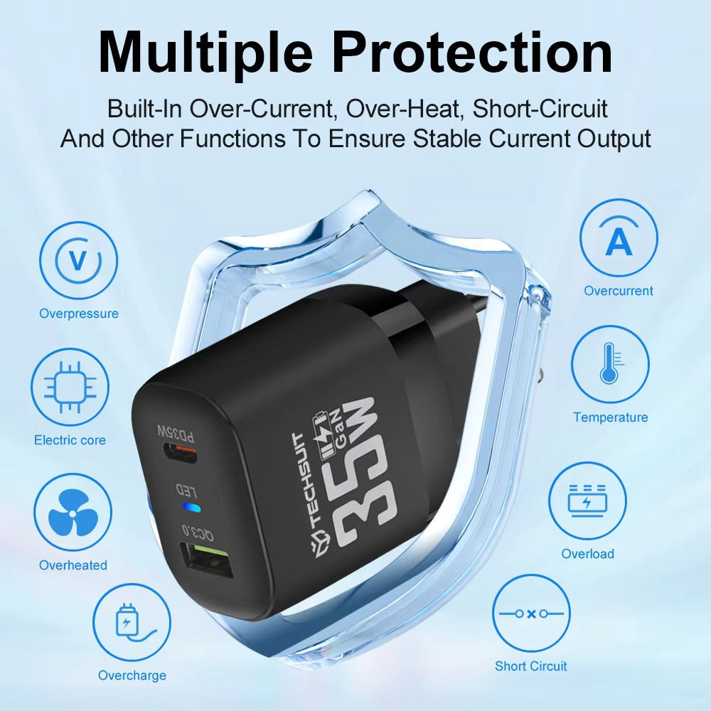 Chargeur réseau Techsuit CHPD174, 35W, 3A, 1 x USB-A - 1 x USB-C, Noir