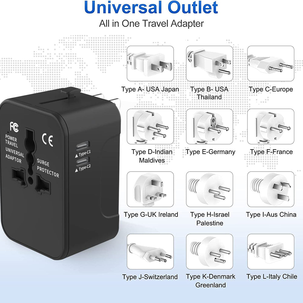 Techsuit HHT202-2C Travel Network Charger, 15W, 3A, 2 x USB-C, Black