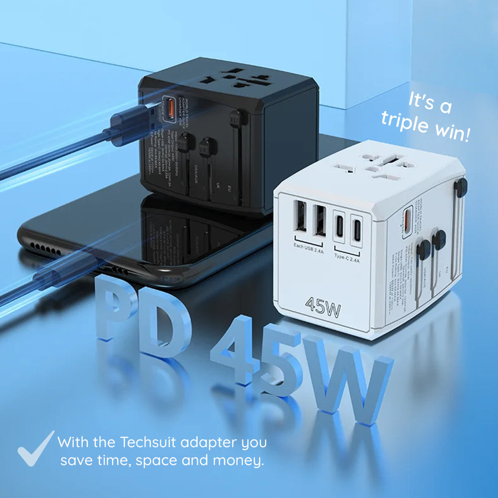Chargeur Réseau Techsuit HHT905 Travel, 45W, 3A, 2 x USB-A - 2 x USB-C, Noir