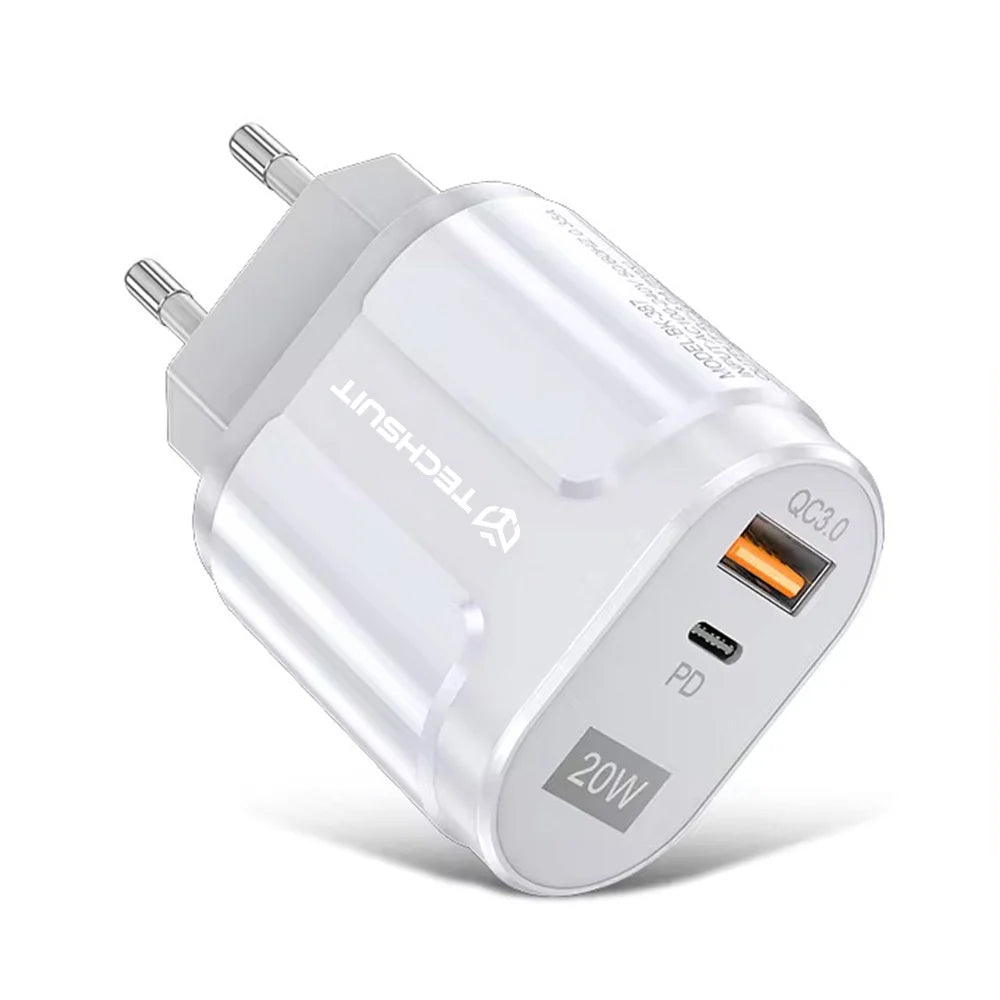 Chargeur Réseau Techsuit Premium, 20W, 3A, 1 x USB-A - 1 x USB-C, Blanc