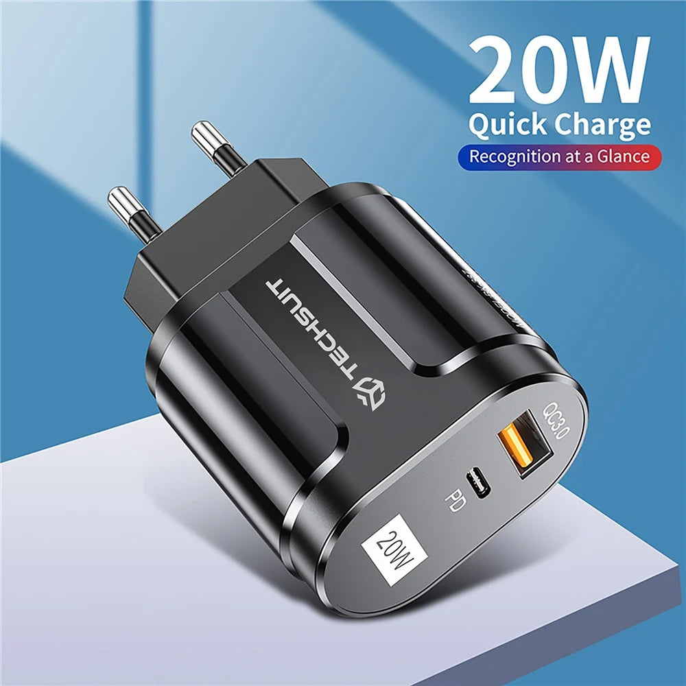 Chargeur Réseau Techsuit Premium, 20W, 3A, 1 x USB-A - 1 x USB-C, Blanc