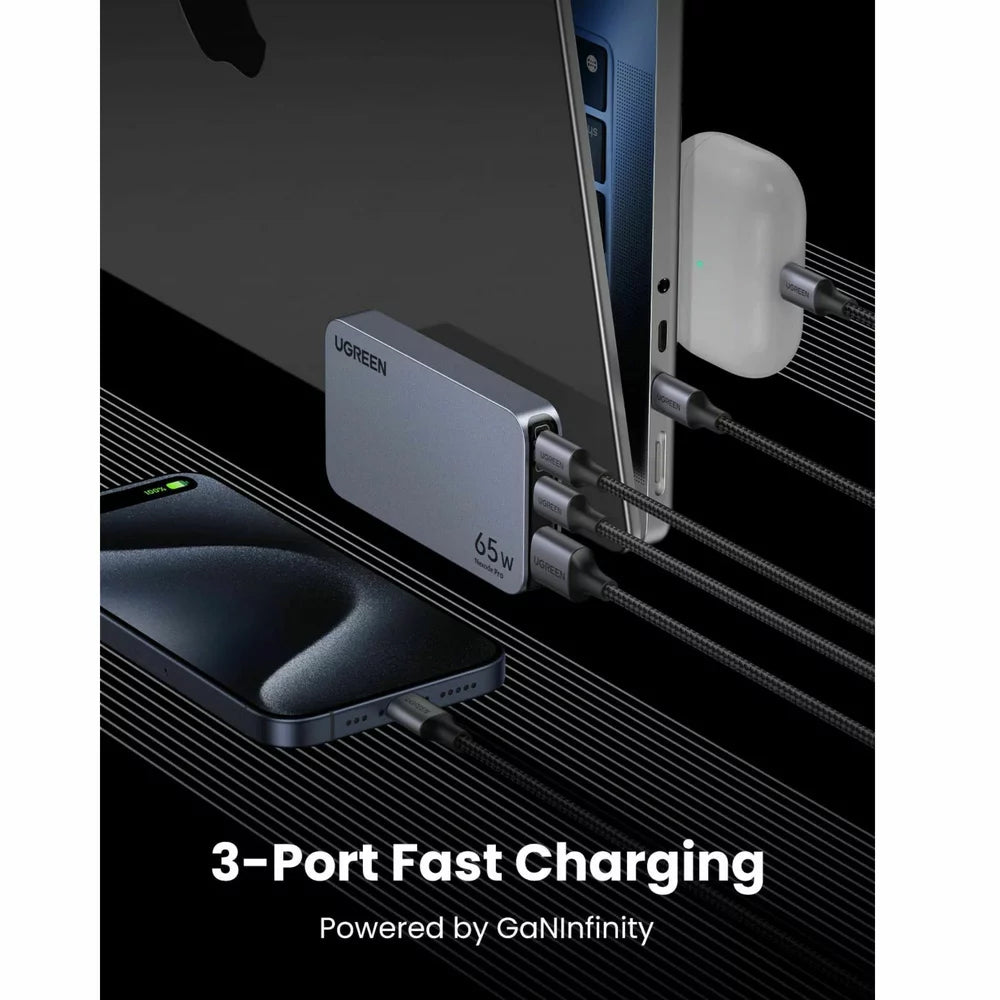 Chargeur réseau UGREEN X753 Nexode Pro, 65W, 3A, 1 x USB-A - 2 x USB-C, Gris
