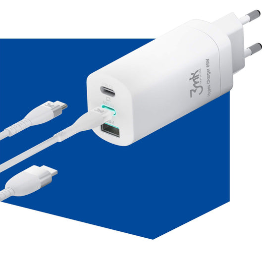 Chargeur secteur 3MK HyperCharger, 65W, 5A, 1 x USB-A - 2 x USB-C, Blanc