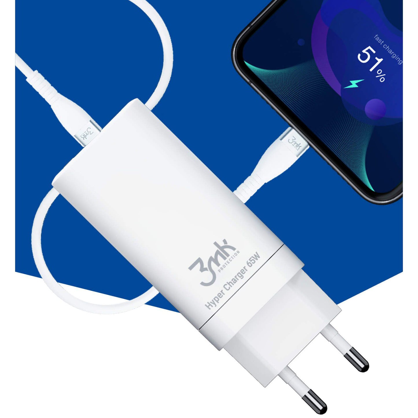 3MK HyperCharger Wall Charger, 65W, 5A, 1 x USB-A - 2 x USB-C, White