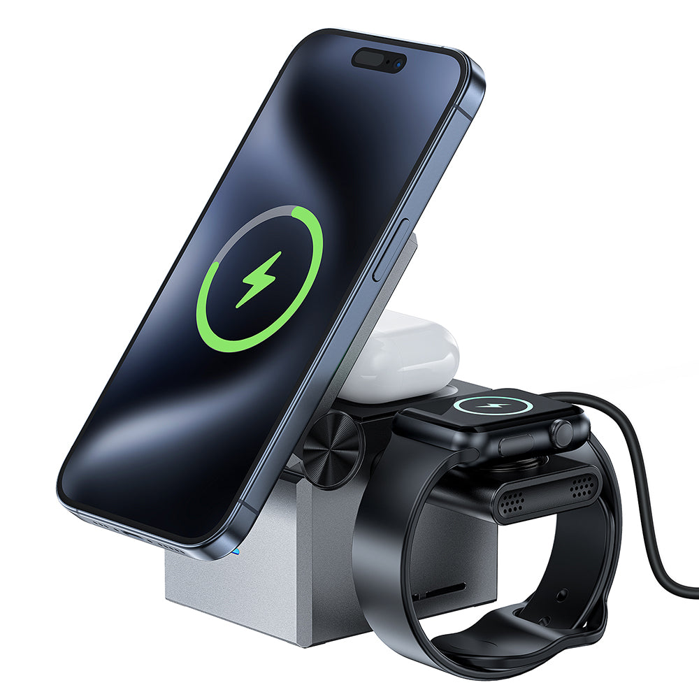 Chargeur Réseau Sans Fil Acefast E18 Rubik's Cube 3en1, 23W, 1.67A, Gris