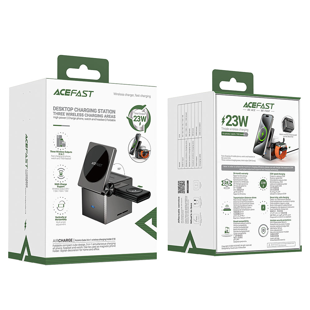 Chargeur Réseau Sans Fil Acefast E18 Rubik's Cube 3en1, 23W, 1.67A, Gris