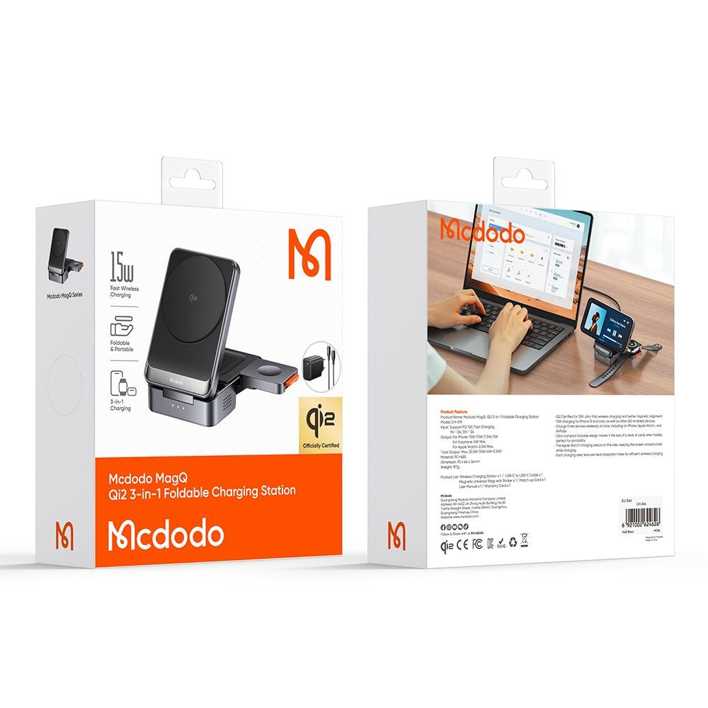 Chargeur Réseau Sans Fil McDodo CH-5192 3en1, 22.5W, 1.67A, Gris