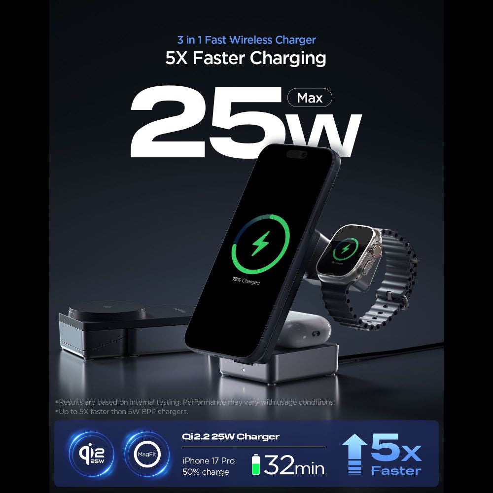 Chargeur Réseau Sans Fil Spigen EF323MQ Essential 3in1, 25W, Noir ACH10398