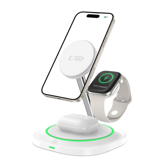 Chargeur Réseau Sans Fil Tech-Protect QI15W-A46 3en1, 15W, 1.67A, Blanc