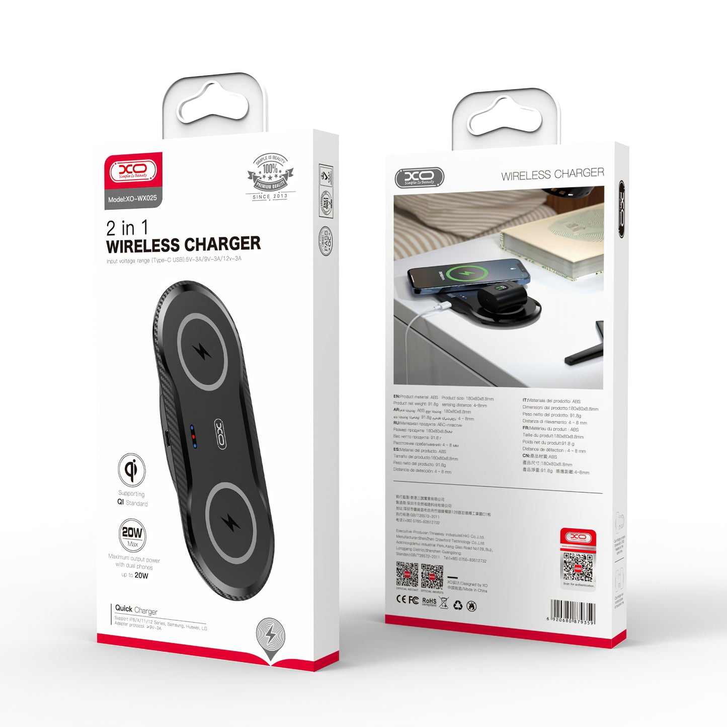 Chargeur réseau sans fil XO Design WX026, 20W, 1.1A, noir