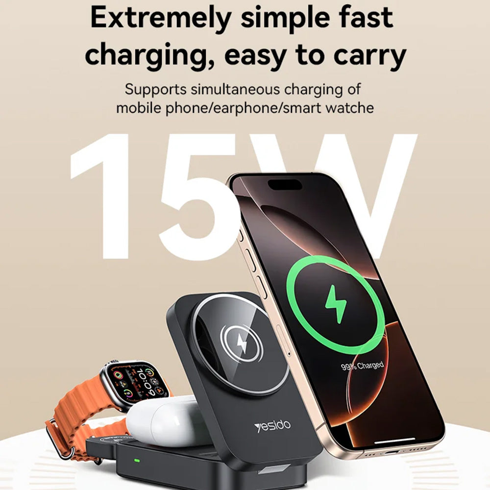 Chargeur Réseau Sans Fil Yesido DS27 3en1, 15W, 1.67A, Noir