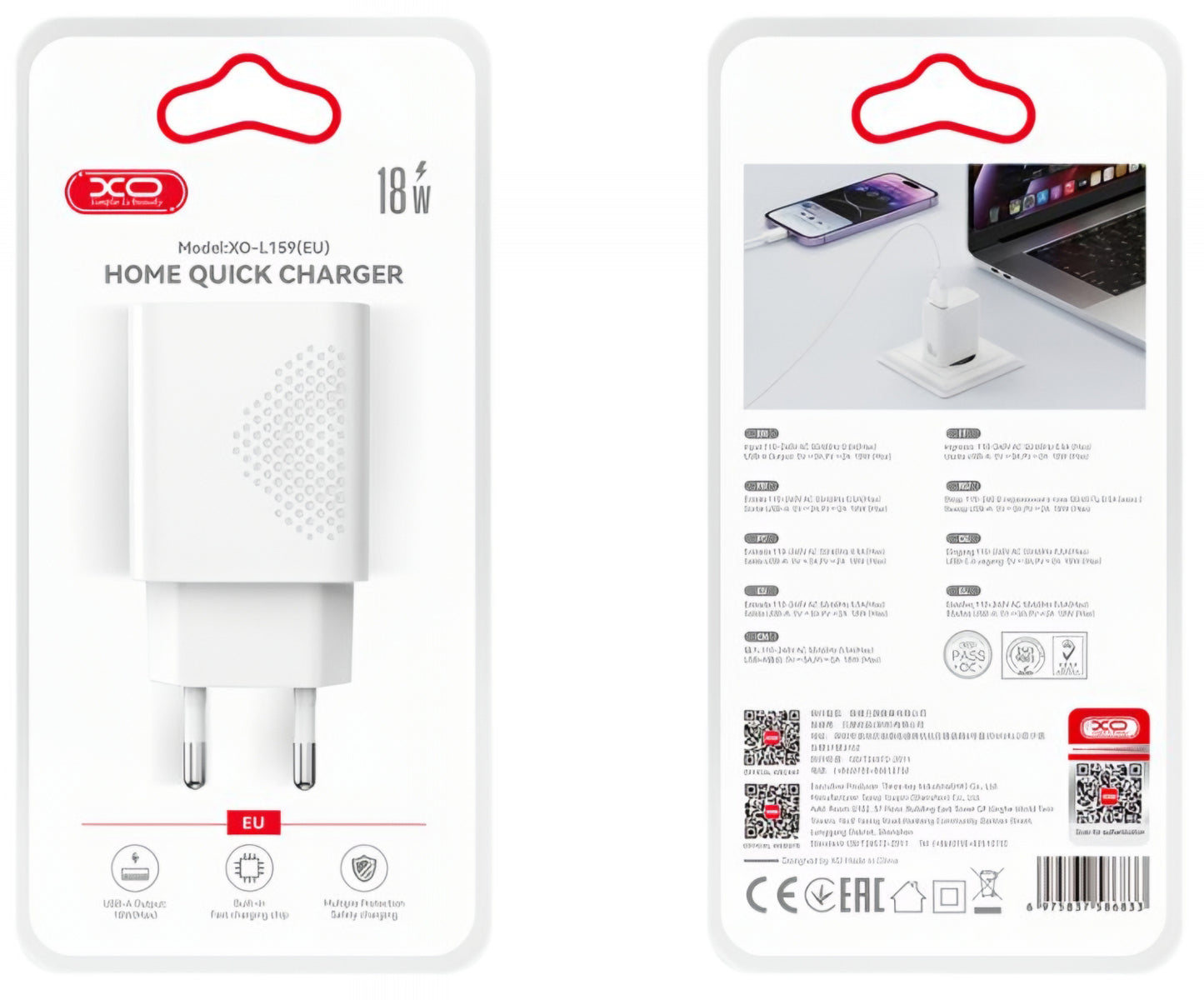Chargeur Réseau XO Design L159, 18W, 3A, 1 x USB-A, Blanc