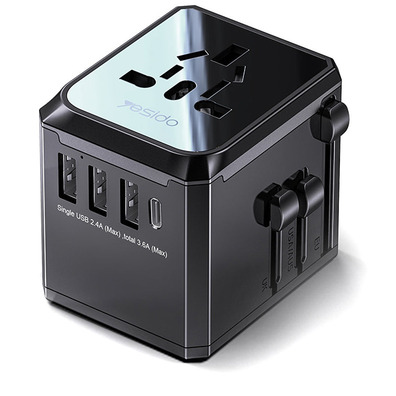 Chargeur Réseau Yesido MC10 Travel, 12W, 2.4A, 1 x USB-C - 3 x USB-A, Noir