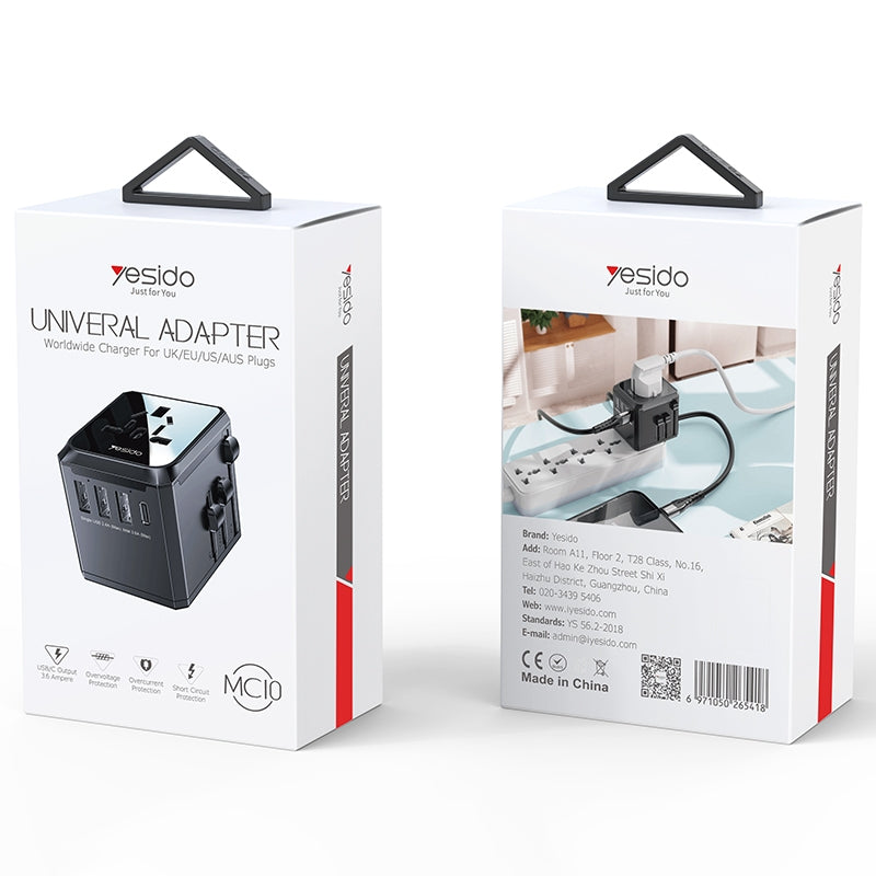 Chargeur Réseau Yesido MC10 Travel, 12W, 2.4A, 1 x USB-C - 3 x USB-A, Noir