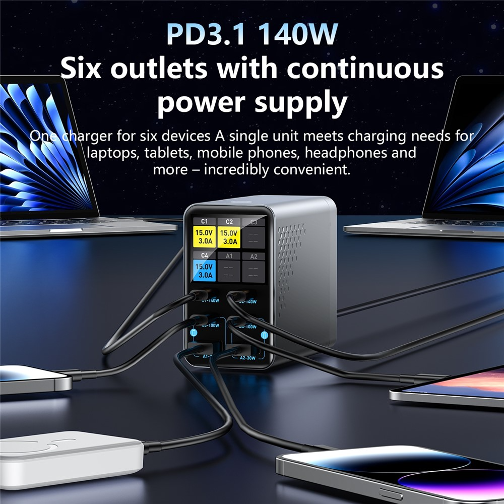 Chargeur Station OEM WLX-G3, 140W, 5A, 2 x USB-A - 4 x USB-C, Gris