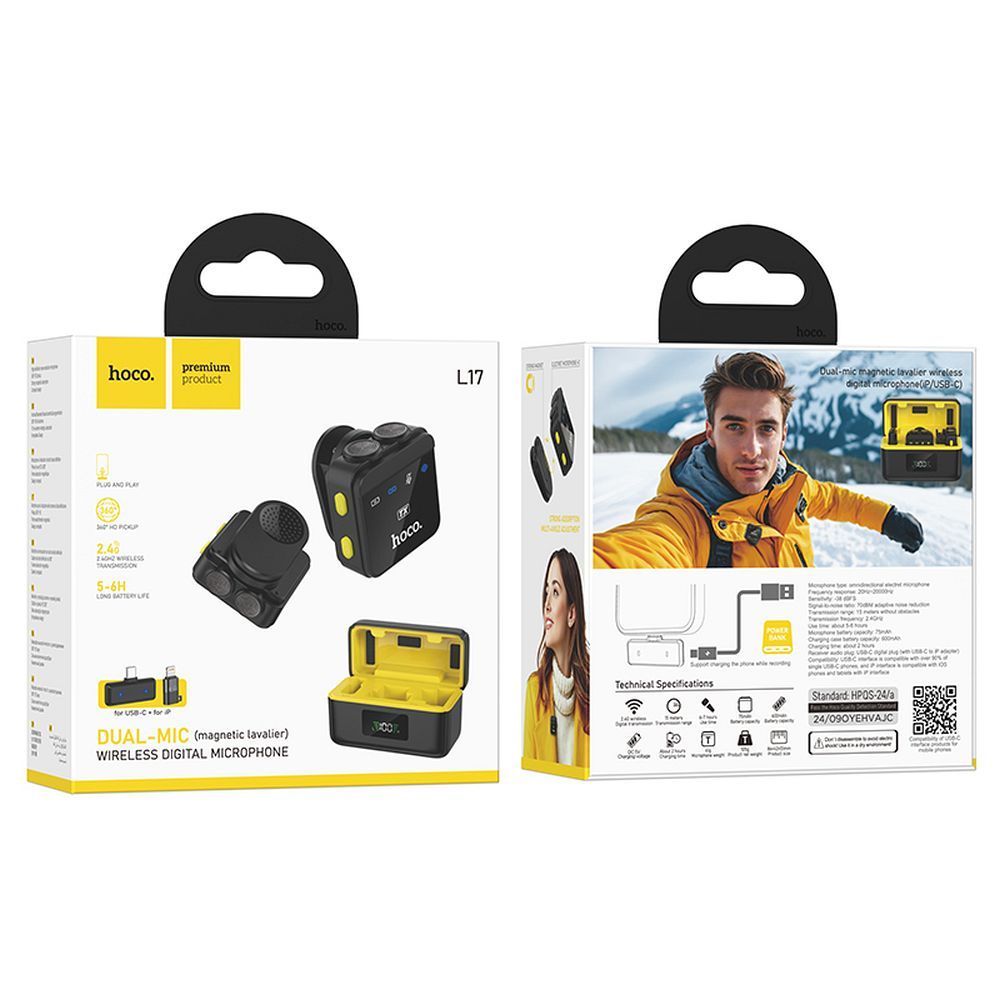 Lavalier HOCO L17, USB-C / Lightning, Set 2 Pièces, Noir