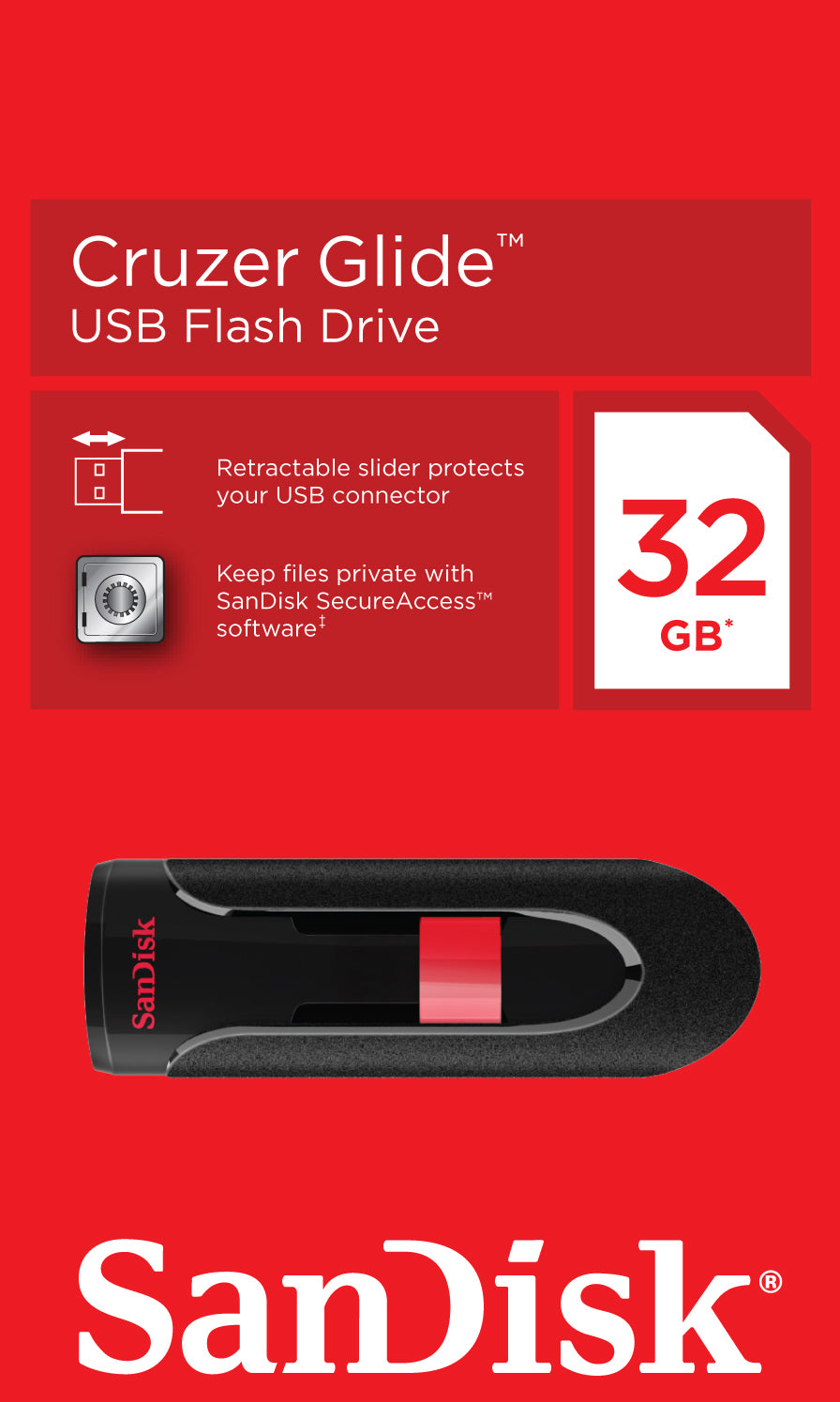 Mémoire Externe USB-A SanDisk Cruzer Glide, 32Gb SDCZ60-032G-B35