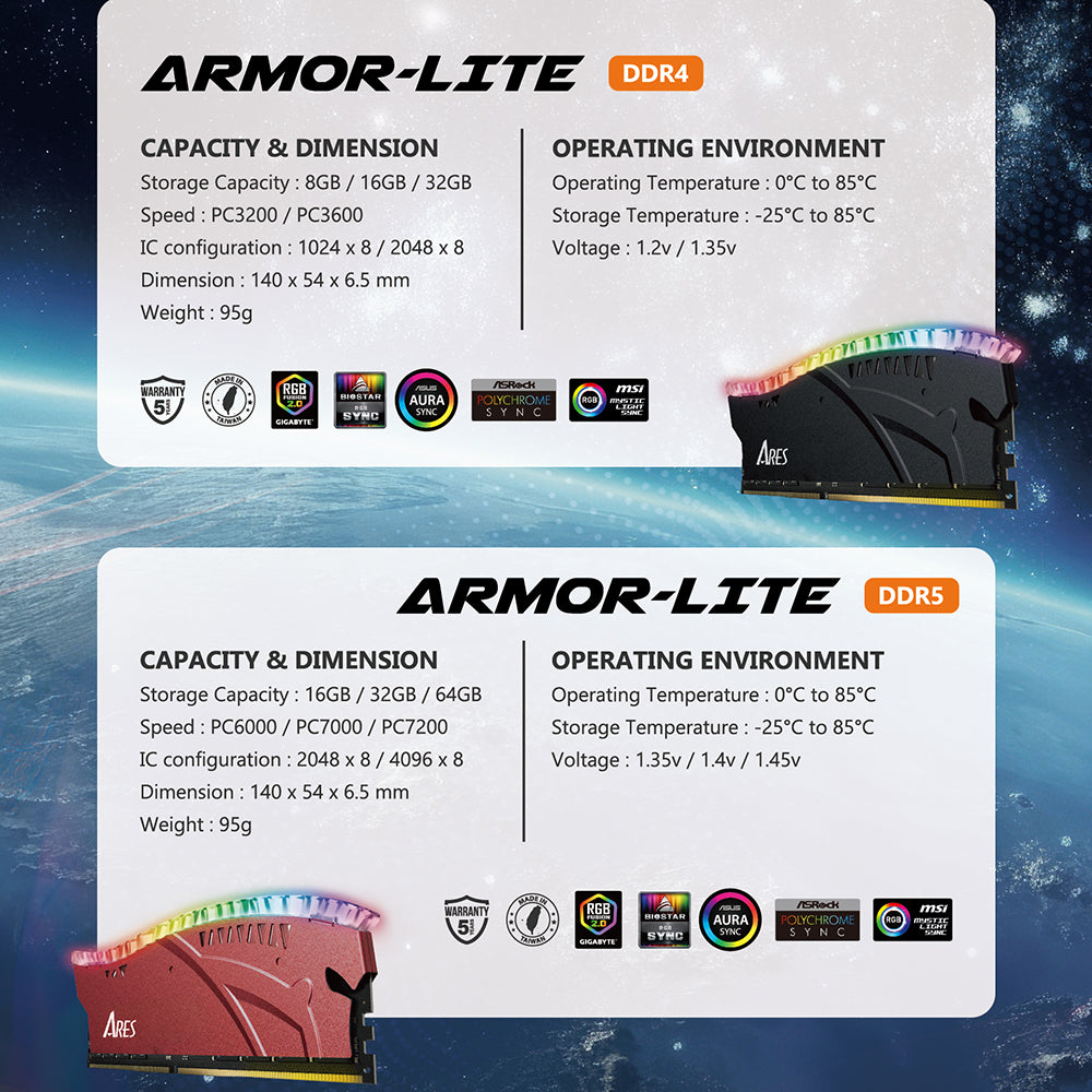 Mémoire RAM Dato Ares Armor Lite, DDR5, RGB, 16GB, 7200Mhz, Gris ARB16G5G72