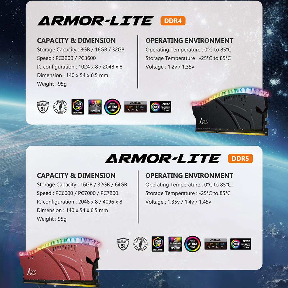 Mémoire RAM Dato Ares Armor Lite, DDR5, RGB, 32GB, 6000Mhz, Noire ARB32G5K60