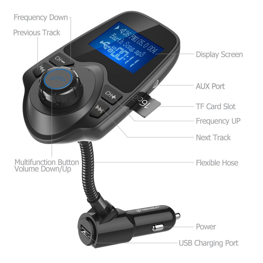 Modulateur FM Bluetooth Techsuit MFM4, 1 x USB-A - 1 x 3.5mm - 1 x microSD, Noir