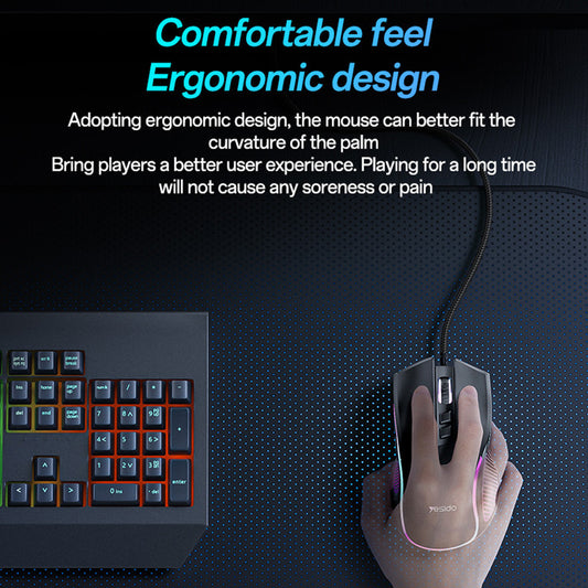 Souris Gaming Filaire USB Yesido KB20, RGB, 1000DPI - 7200DPI, Noir