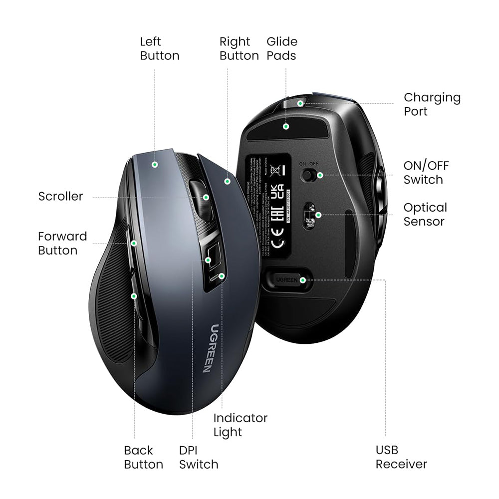 Souris sans fil UGREEN MU006S (85082), 4000DPI, BT / Wi-Fi, Gris