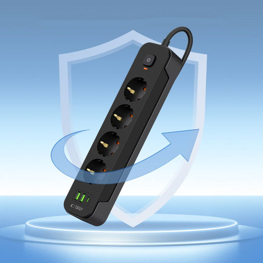 Chargeur réseau Tech-Protect PCL4X3, 2 x USB-A - 1 x USB-C - 4 x Schuko, Noir