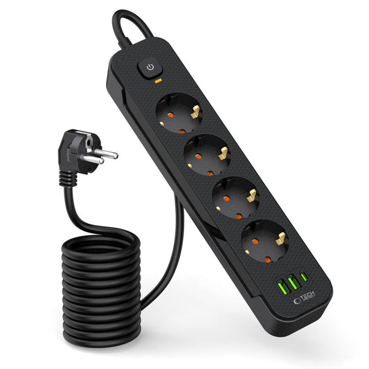 Chargeur réseau Tech-Protect PCL4X3, 2 x USB-A - 1 x USB-C - 4 x Schuko, Noir