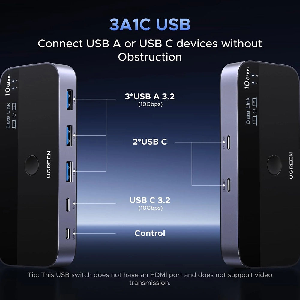 Switch USB UGREEN CM691 (45784), 3 x USB-A 3.2 - 1 x USB-C - 1 x miniUSB, Noir