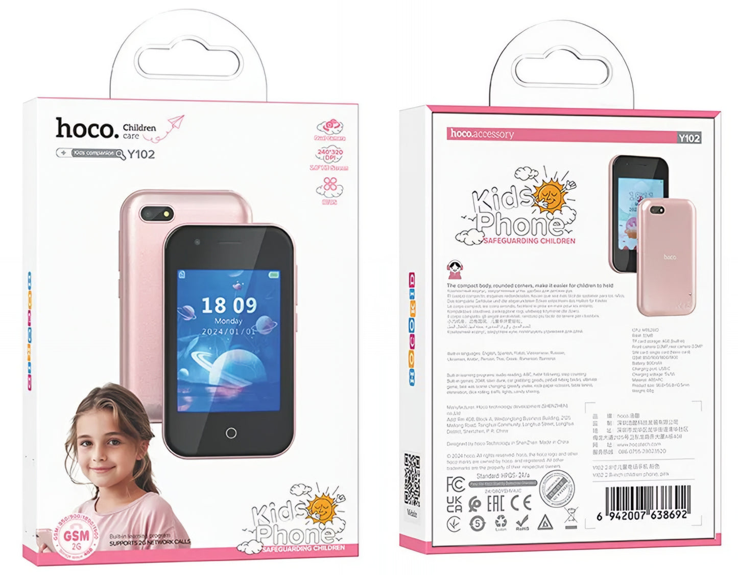 Téléphone Mobile HOCO Y102 Kids, 2G, Écran 2.8 pouces, Rose