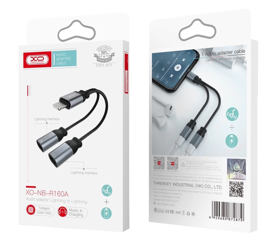 Adaptateur Audio Lightning - 2 x Lightning XO Design NB-R160A, Gris