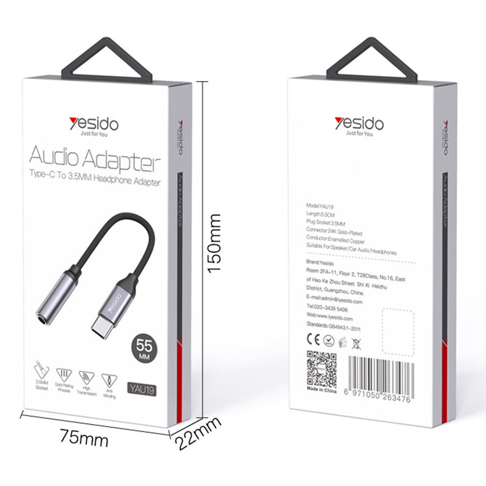 Adaptateur Audio USB-C - 3.5mm Yesido YAU19, Noir