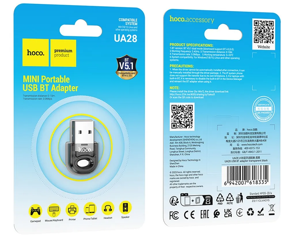 Adaptateur Bluetooth USB HOCO UA28, Noir