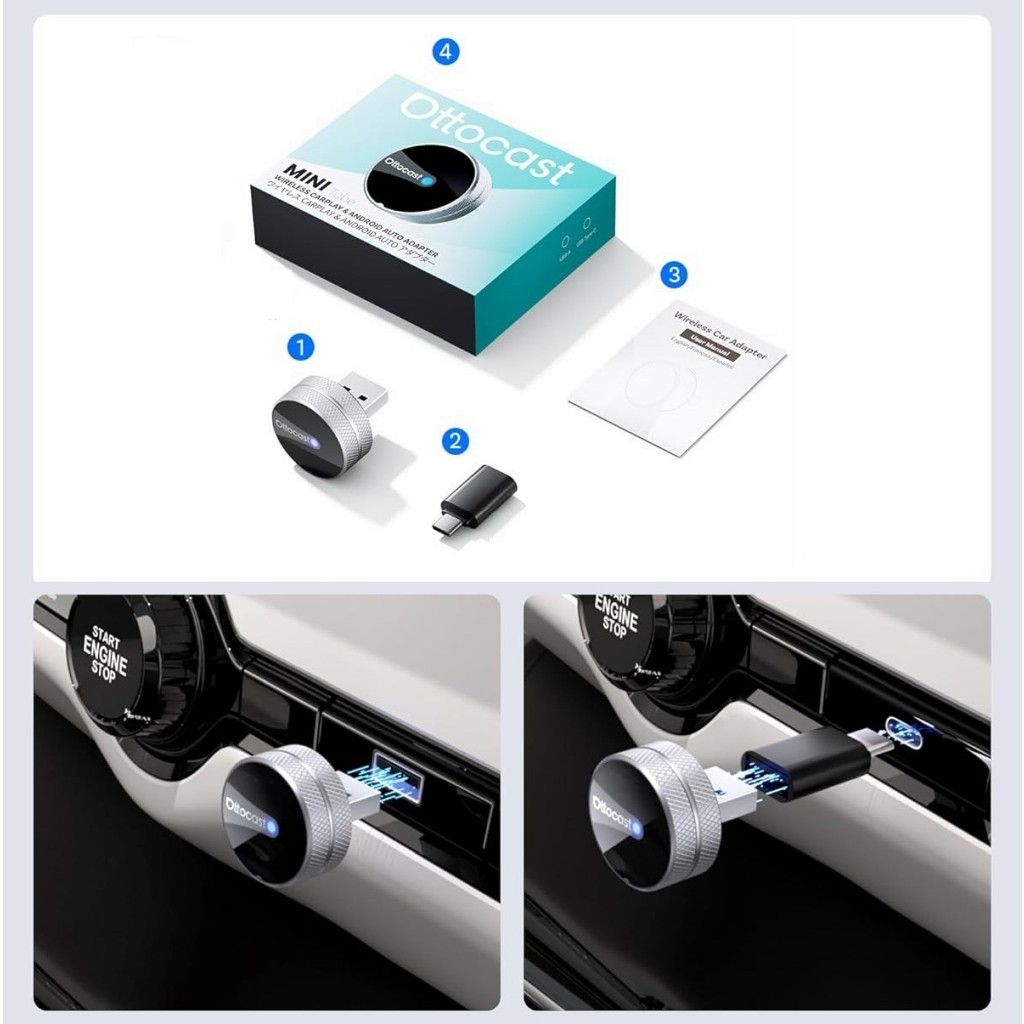 Adaptateur Carplay / Android Auto sans fil Ottocast Mini Slim Tube pour Apple iPhone / série Android CP88-T4