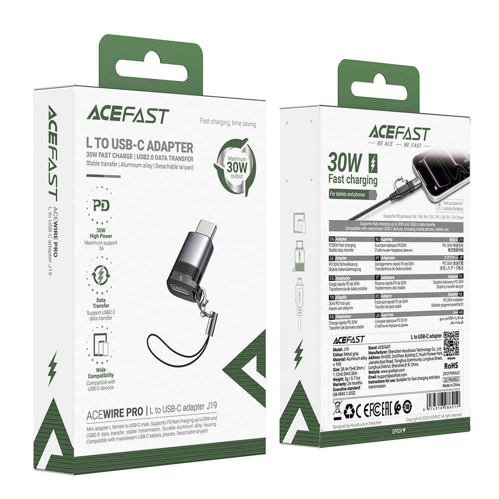Adaptateur de Données et de Charge Lightning - USB-C Acefast J19, Gris