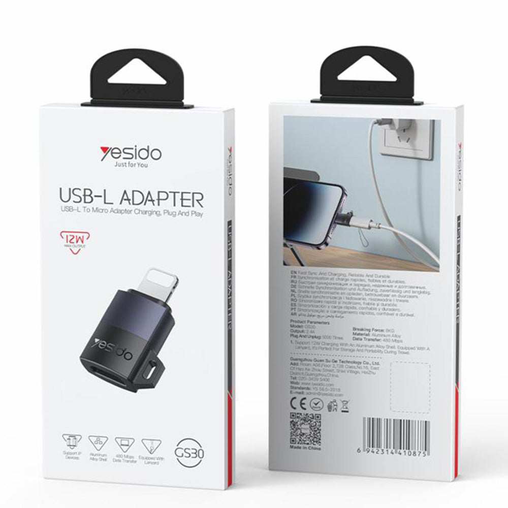 Adaptateur de données et de charge microUSB - Lightning Yesido GS30, Gris
