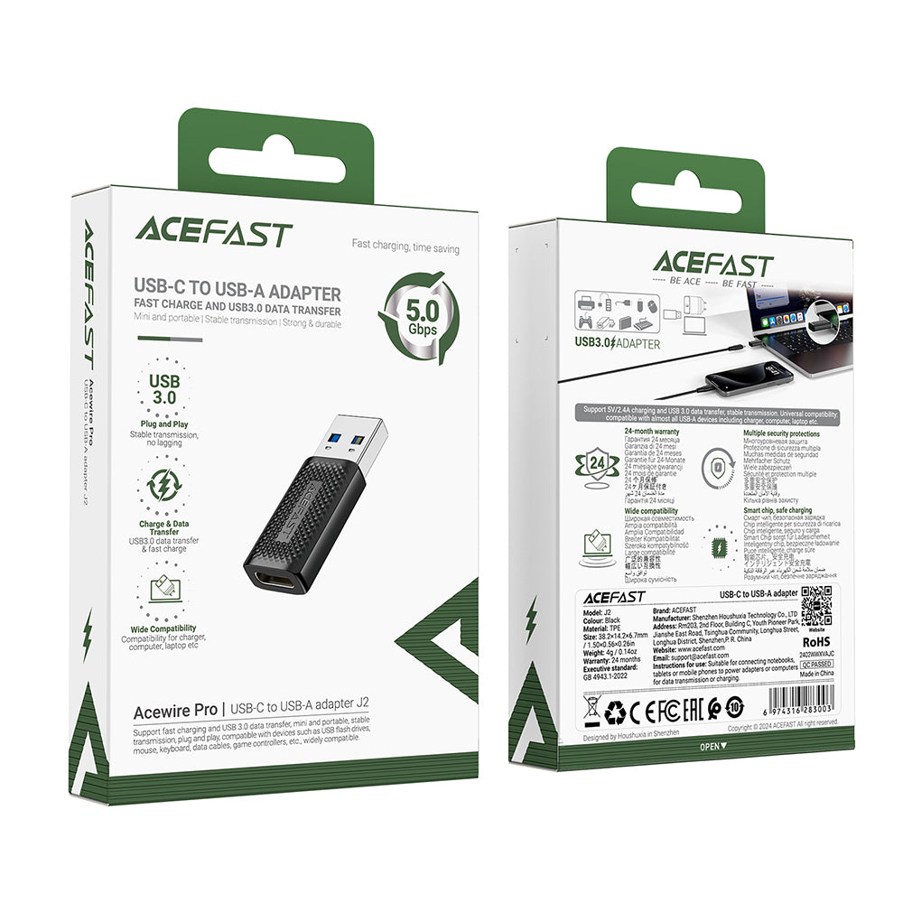 Adaptateur de Données et de Chargement USB-C - USB-A Acefast J2, Noir