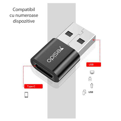 Adaptateur de Données et de Charge USB-C - USB-A Yesido GS09, Noir