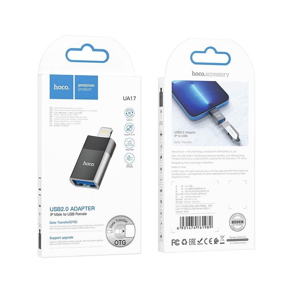 Adaptateur OTG Lightning - USB-A HOCO UA17, Noir