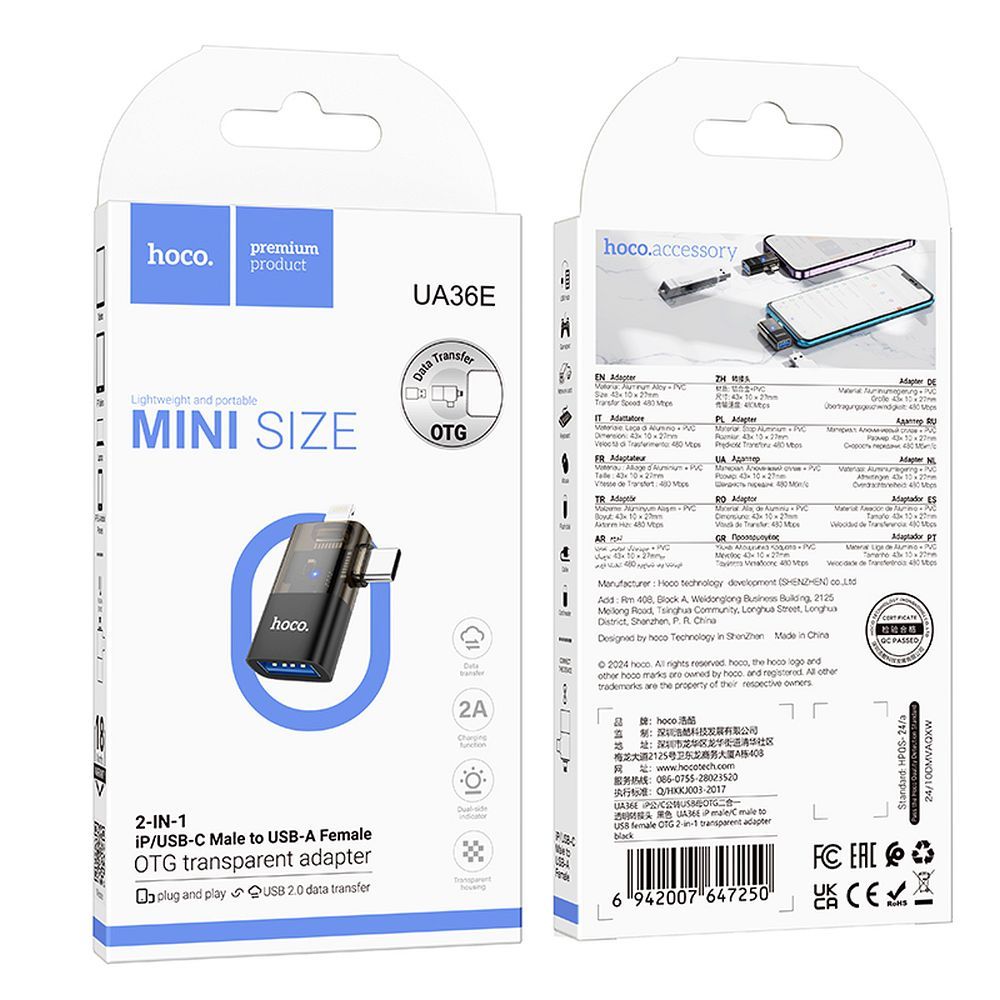 Adaptateur OTG Lightning / USB-C - USB-A HOCO UA36E, Noir